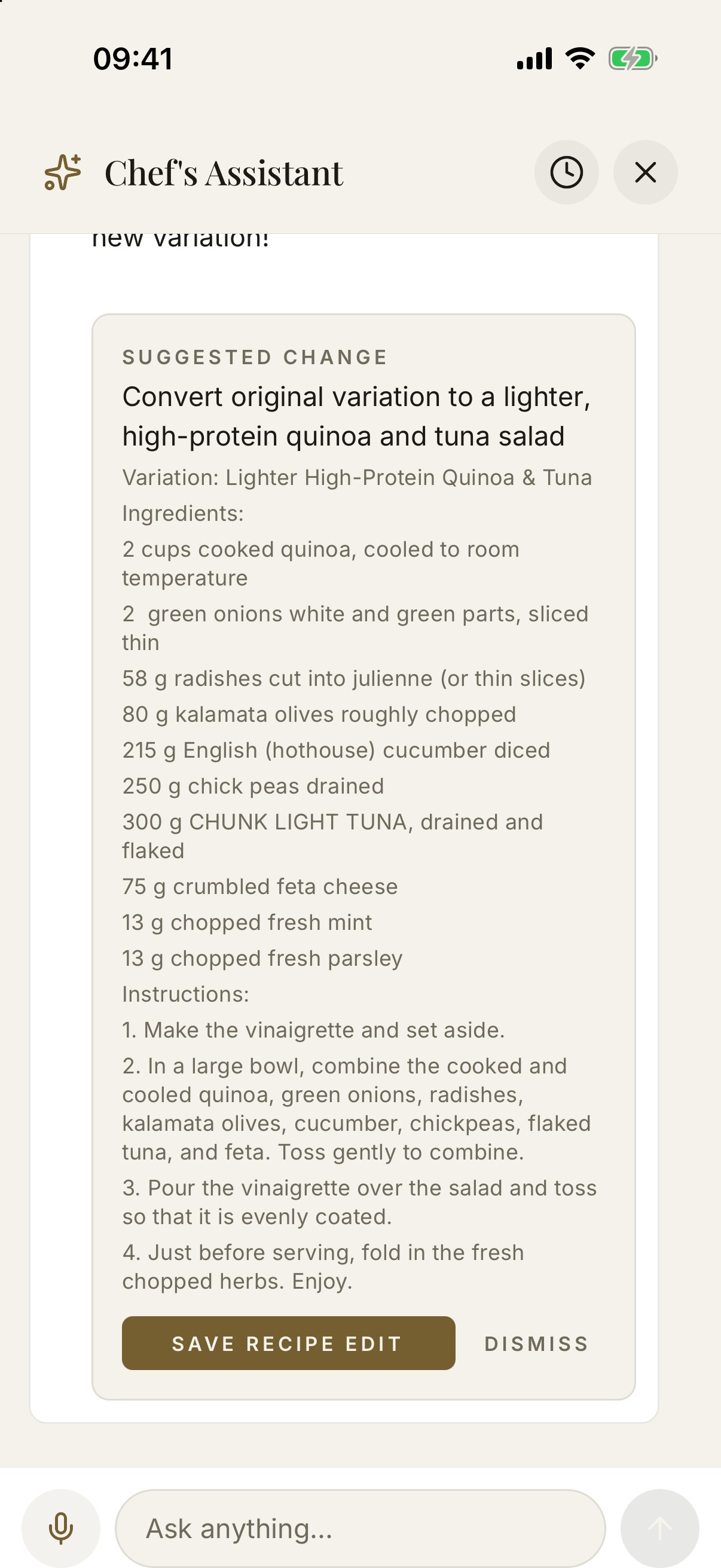 Stemma assistant showing a suggested recipe change with a full ingredient list and a Save recipe edit button