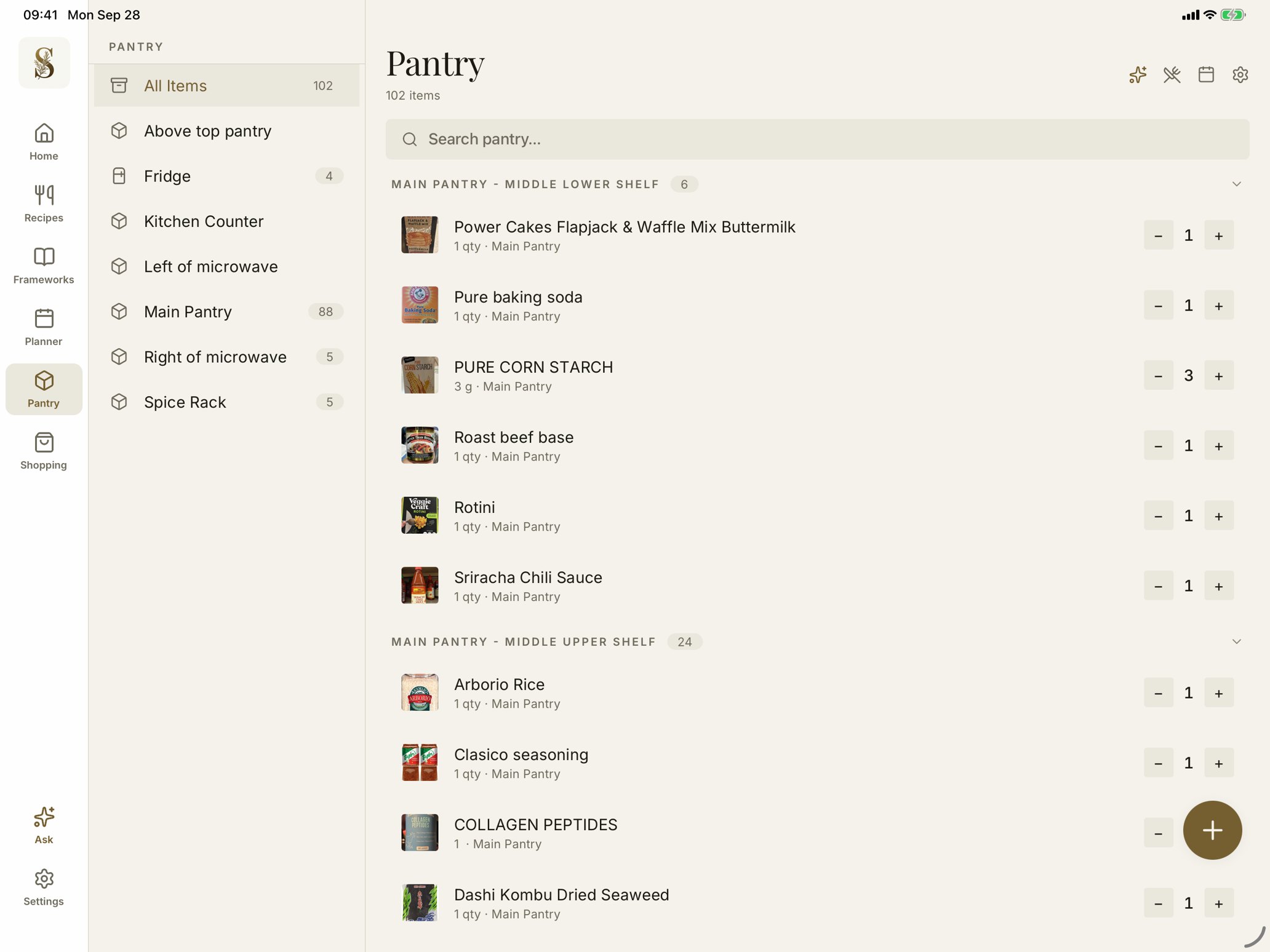 Stemma pantry on iPad in landscape, with locations in a sidebar and every item shown with its product photo