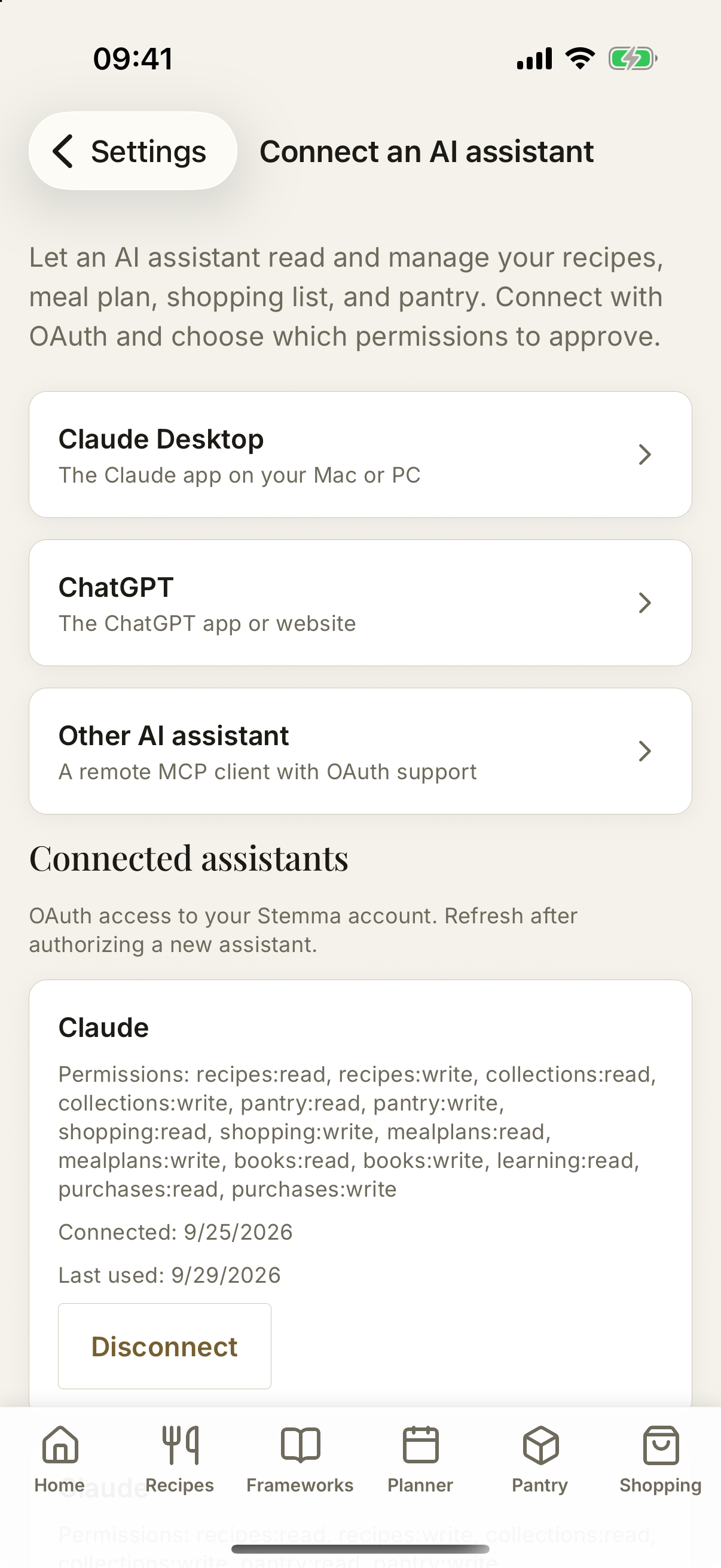 Current Stemma screen for connecting an external AI assistant with OAuth and MCP