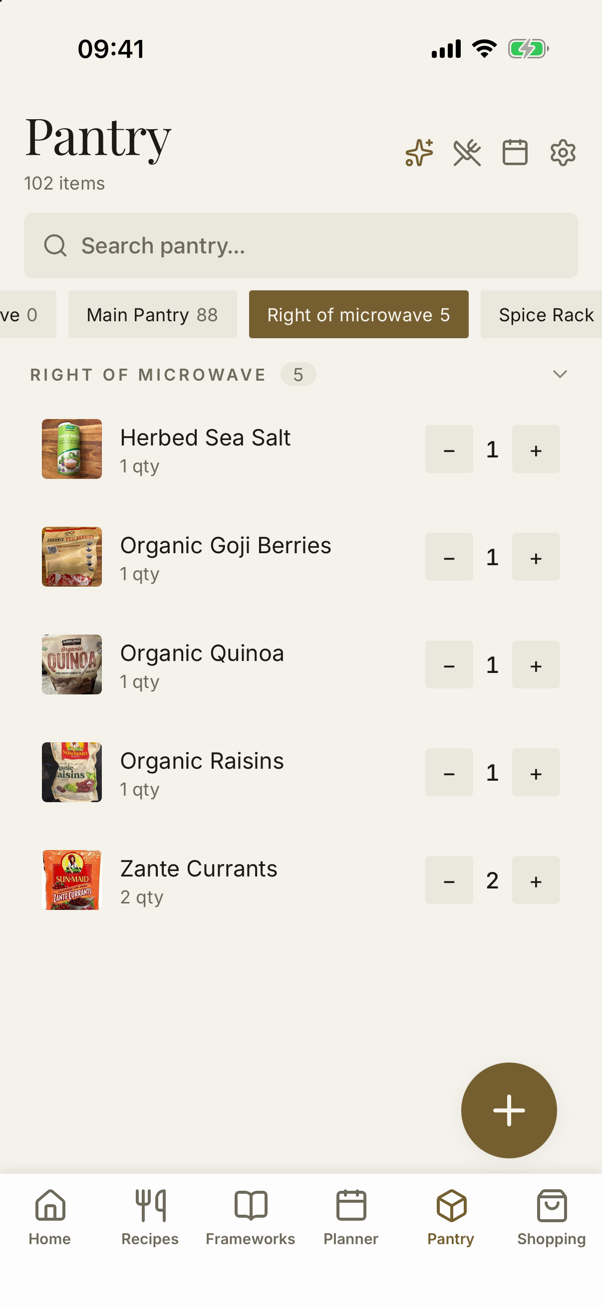Current Stemma pantry screen with items grouped by location