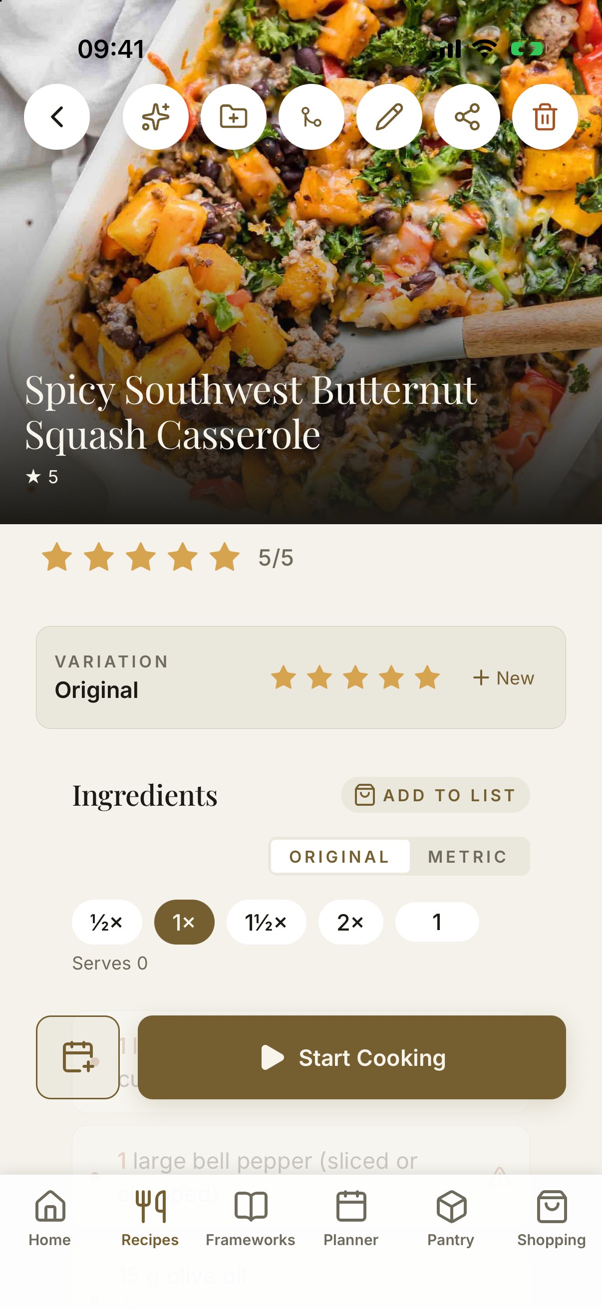 Current Stemma recipe detail with ingredients and cooking controls