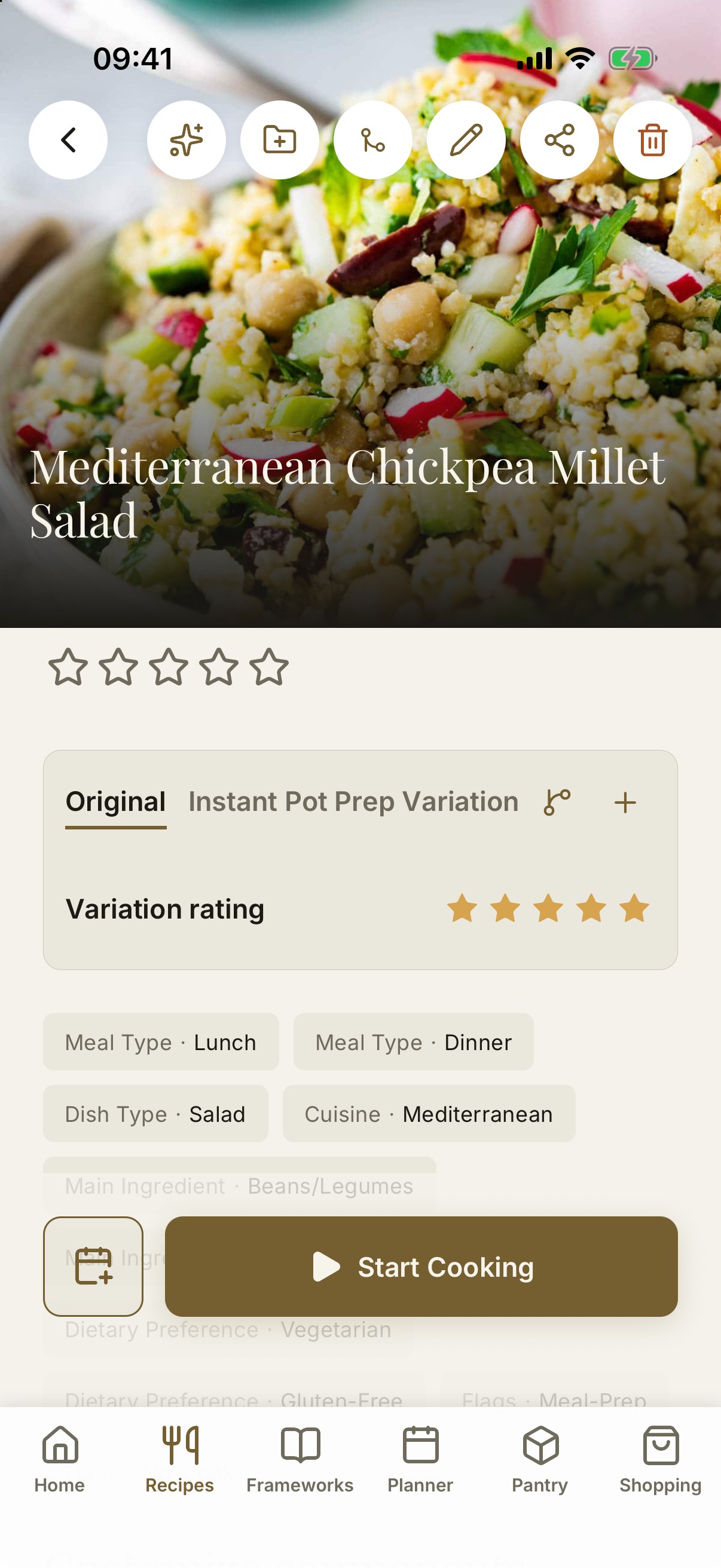 Stemma recipe showing an Original tab and an Instant Pot variation, each with its own rating